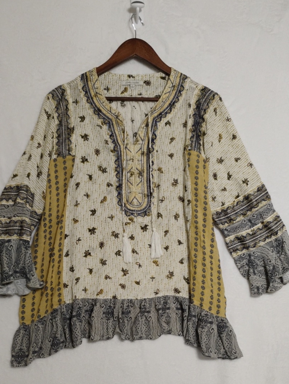 John Mark Cream and Mustard Embroidered Boho Tunic